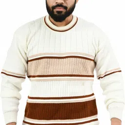 manra Men Striped Round Neck Brown, White Sweater-picture-11