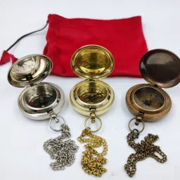 set of 3 shades brass push button compass chain with velvet case Compass-13