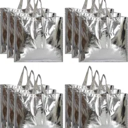 Reusable Small Size Grocery Bag Shopping Bag with Handle, Non-woven Gift Bag Goodies Bag Silver Tote Bag-Pack of 24 (Silver)-image-8