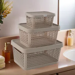 Plastic Set of 3 Stackable Plastic Basket for Storage with Lid | Beige Storage Basket-17