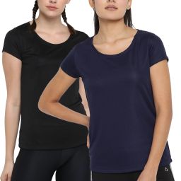 Pack of 2 Women Solid Round Neck Polyester Blue, Black T-Shirt-image-73