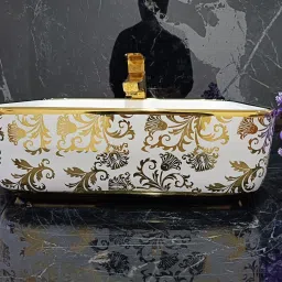 Premium Designer Table Top Counter Top Golden Wash Basin Gold Ceramic Wash Basin 4003(L41 X W31.5 X H13.5Cm) Very Stylish Bathroom Golden Ceramic Wall mounted Table Top Basin-image-51