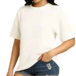 Women Self Design Round Neck Polyester White T-Shirt-image-27