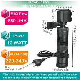 jainsons pet products 4-in-1 Filter Aquarium Internal Biochemical Filter, 12W F.MAX :880L/HR | FB-1202 Power Aquarium Filter image 2