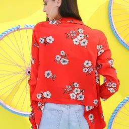 Sera Red & White Floral Printed Crop Open Front Shrug image 3