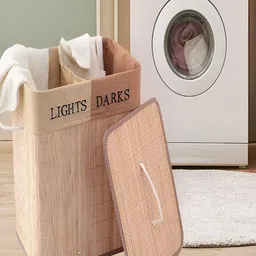 Kuber Industries Beige Bamboo Foldable Laundry Basket With Lid image 4