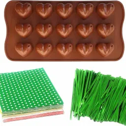 Combo Set of Silicone Heart Shape Chocolate Mould with Wrapper and Twist Ties Kitchen Tool Set-image-51