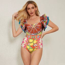 Brown lemon monokini Geometric Print Women Monokini Multicolor Swimsuit-image-38