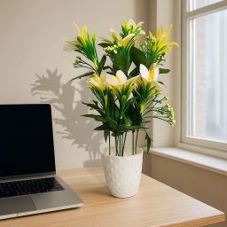 Artificial Lily Flower Plant with Pot White, Yellow Lily Artificial Flower with Pot-image-28