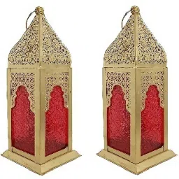 Festive Celebration Hanging cum Standing laltern Gold, Red Iron, Glass Hanging Lantern-image-14