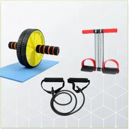 Double Spring Tummy Trimmer with Single Toning Tube Exerciser With Ab Roller Combo Fitness Accessory Kit Kit-4