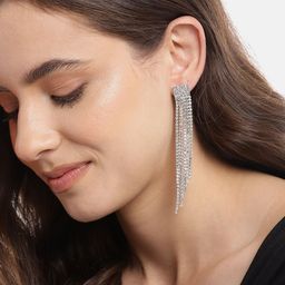 Carlton London Rhodium-Plated CZ-Studded Contemporary Drop Earrings-image-55