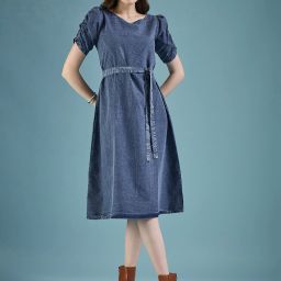 Women A-line Blue Midi/Calf Length Dress-image-79