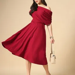 globus Women Fit and Flare Maroon Midi/Calf Length Dress-picture-36