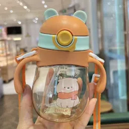 Baby Sipper Bottle Bear Design Soft Silicone Straw with Handles & Strap-image-48