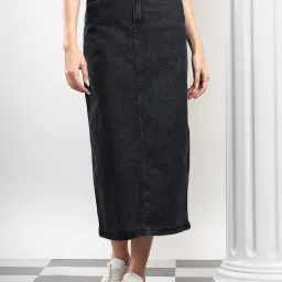 Women Solid Asymetric Black Skirt-image-7