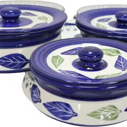 8" Ceramic Khurja Pottery Donga with lid (1 Large,1 Medium,1 Small)-White-Blue Bowl Serving Set-picture-5
