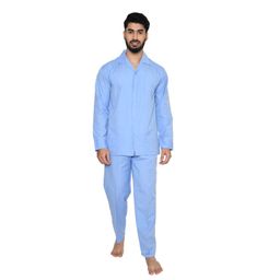 tatwam FILAFIL Cotton RICHED with Polyester Mens Nightsuit with Fully Elastic Pajama and Buttoned Full Sleeve TOP Size-L,L.Blue image 1