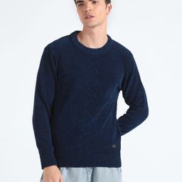 flying machine Men Solid Crew Neck Blue Sweater-picture-43