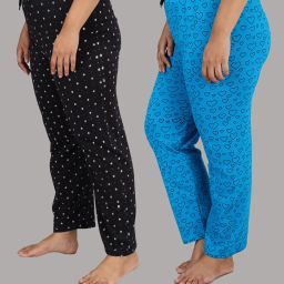 Pack of 2 Women Printed Black, Light Blue Track Pants-image-110