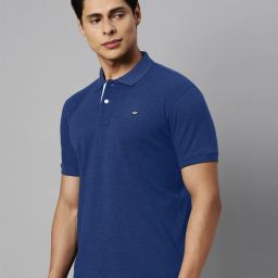 Solid Men Polo Neck Cotton Blend Dark Blue T-Shirt-image-3