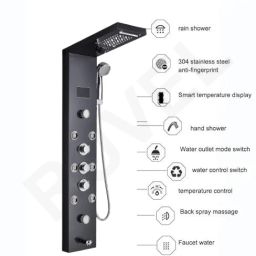 RUVEL AERIO 6 in 1 Tower Thermostatic System with Hydropowered LED Light + Digital Display & 6 Water Functions With Top Rainfall Water Outlet, Waterfall Outlet image 2