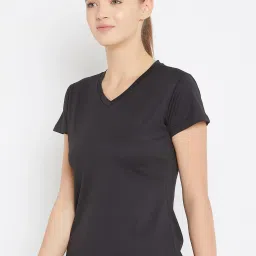 Women Solid V Neck Polyester Black T-Shirt-picture-32