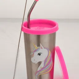 Unicorn Cartoon Print Steel Straw Glass, Pink, 370ml Glass Water/Juice Glass-3