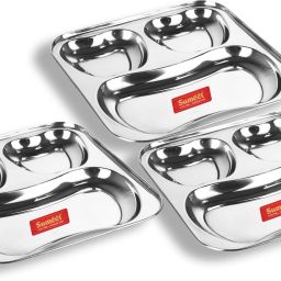 Stainless Steel 3 in 1 Pav Bhaji Plate / Compartment Plate 24.5cm Dia - Set of 3pc Sectioned Plate-image-35