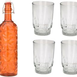 Bottle & 4 Glass Serving Lemon Set, Orange, Clear, Glass - A545 Jug Glass Set-image-22
