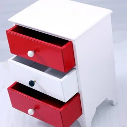 Wooden Bedside End Table with 3 Drawer for Living Room (Red and White) Engineered Wood Bedside Table-0