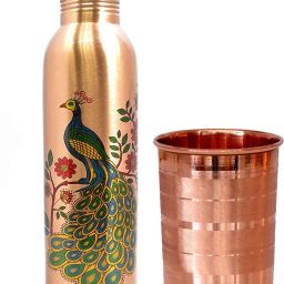 100 % copper peacock design Leak proof with one Glass copper water bottle 1000 ml Bottle With Drinking Glass-image-17