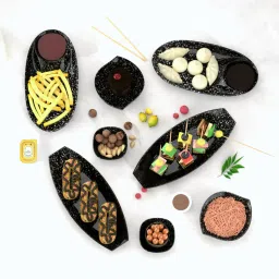 Laurel Peony Melamin Plates Set with Bowls for Serving Snacks, Marble Black, Chip & Dip Tray-8