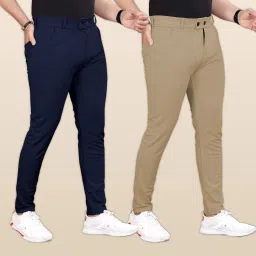Pack of 2 Men Slim Fit Blue, Khaki Lycra Blend Trousers-image-18