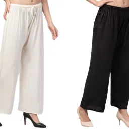 Pack of 2 Women Flared Black, White Viscose Rayon Trousers-image-39