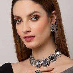 Arrabi Silver-Toned Mirror-Studded Oxidised Jewellery Set-image-51