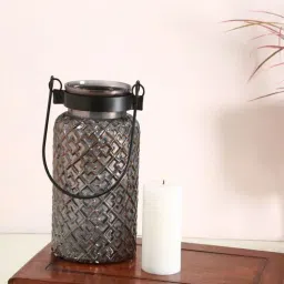 manor house Roshni Patterned 12 Inch Black Glass & Iron Candle Holder-picture-31
