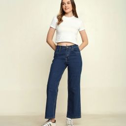 Women Flared High Rise Dark Blue Jeans-image-75
