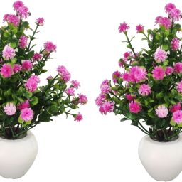 Set of 2 Table Flower top Bonsai for home shop office gifting Purple, Green Camellia Rose Artificial Flower with Pot-image-18