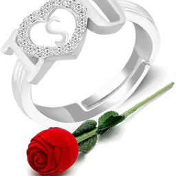 Valentine gift Jewellery Stylish Heart Shape Silver Platinum Proposal i love you Name Alphabet Letter Initial S Rings for girls women girlfriend Men Boys Couples American diamond CZ AD Adjustable Gifts Set Lovers Design With Velvet Red Rose box set-RING ROSE BOX SET-ME143 Brass, Copper, Crystal, Stone, Alloy, Metal Cubic Zirconia, Zircon, Crystal, Diamond Silver, Platinum Plated Ring-image-5