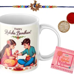 Rakhi with mug _ _MS186 Assorted Rakhi, Mug, Greeting Card, Chawal Roli Pack Set-12