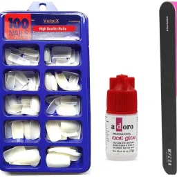 100 Tips Artificial/ Fake Nails with Glue & 7 ways Nail Buffer & filer Manicure tool set-16