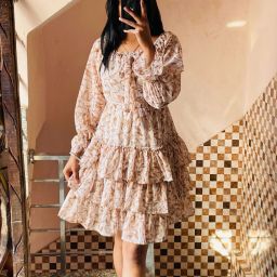 Women Fit and Flare White, Brown Knee Length Dress-image-74