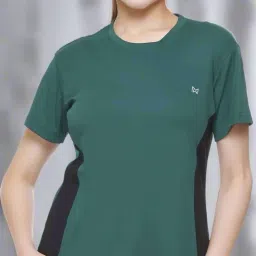 Women Colorblock Round Neck Polyester Green T-Shirt-image-72