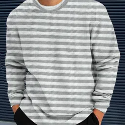 Men Striped Round Neck Polyester Grey T-Shirt-image-46