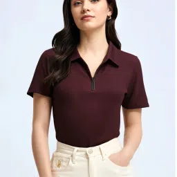 Women Self Design Polo Neck Cotton Blend Maroon T-Shirt-image-31
