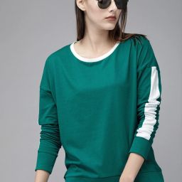 Women Colorblock Round Neck Pure Cotton Dark Blue T-Shirt-image-79