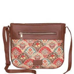 ZOUK Tan Floral Printed Structured Sling Bag image 4