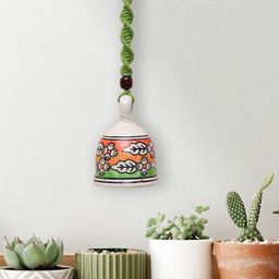 Gathari Green & White Self Designed Ceramic Hanging Bell Wall Decor-image-53