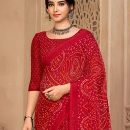 Anouk Red & Cream-Coloured Bandhani Pure Chiffon Saree image 4